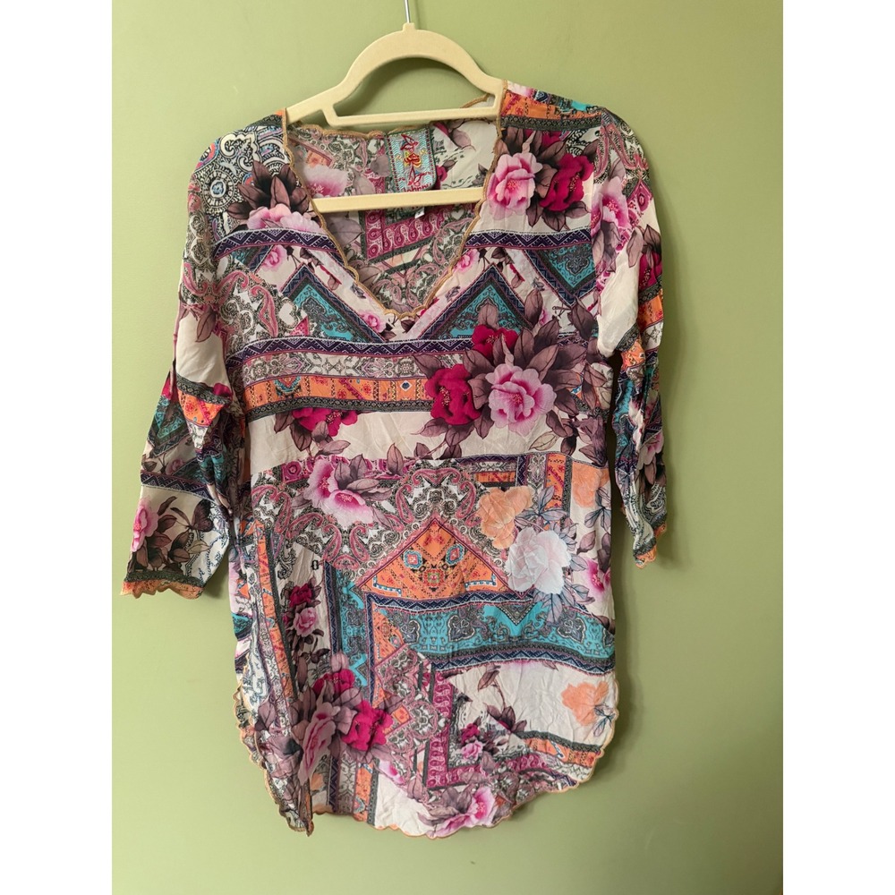 Johnny Was Charlotte Rose Floral Paisley Patchwork Cupra Rayon Tunic Top Pink S
